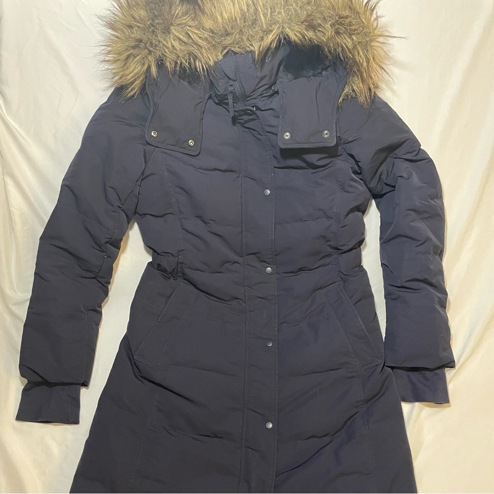 Down Dark Blue Puffer Coat with Faux Fur Hood